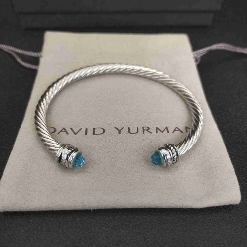 David Yurman 5mm Sterling Silver Cable Cuff Bracelet with Blue Topaz & Diamonds - Picture 1 of 7